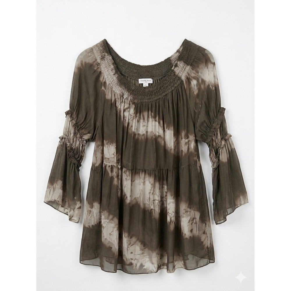 Tempo Paris Fairy Boho Tunic Silk Tie Dye Olive Green Smocked Bell Sleeve S